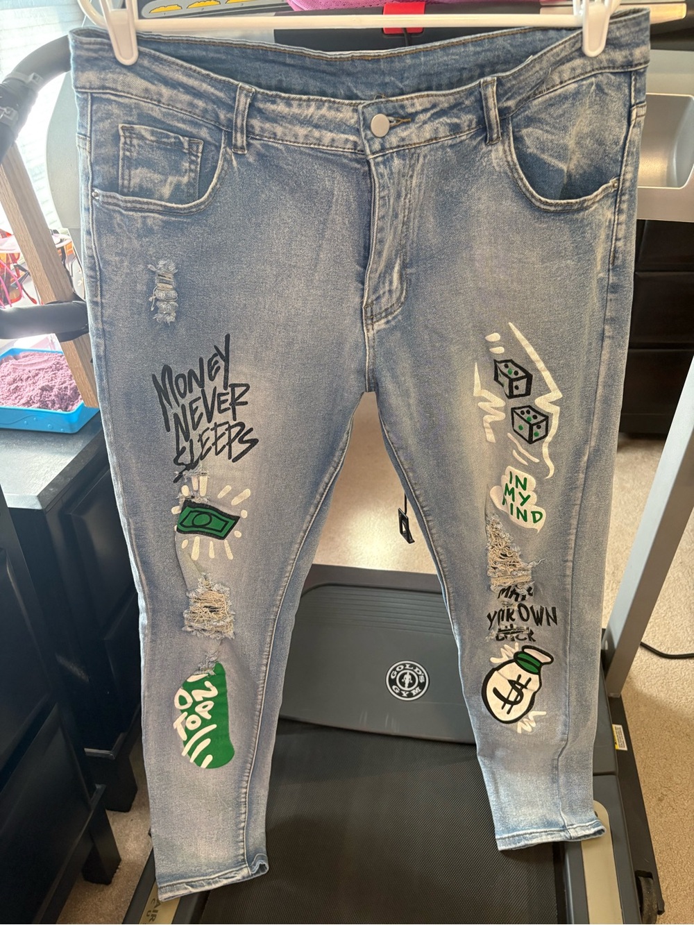 SHEIN Light Blue Skinny Jeans with Money Graphic Prints